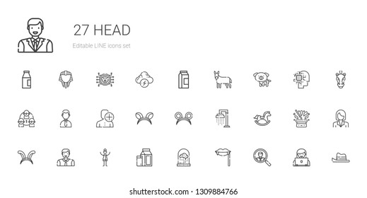 head icons set. Collection of head with job search, fangs, brain, milk, woman, man, ears, horse, shower, user, businessman, team, dog, donkey. Editable and scalable head icons.