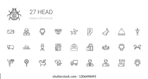 head icons set. Collection of head with man, side view, dog, pegasus, job search, shower, team, milk, cap, user, hat, pig, rabbit, thinking. Editable and scalable head icons.