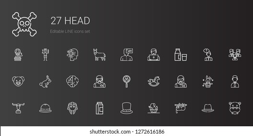 head icons set. Collection of head with sloth, elephant, hat, milk, egyptian, buffalo, woman, horse, job search, brain, rabbit, pig, user, hippopotamus. Editable and scalable head icons.