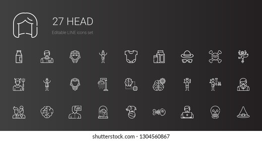 head icons set. Collection of head with user, fishbone, elephant, brain, users, chef, mind, artificial intelligence, shower, egyptian, woman. Editable and scalable head icons.