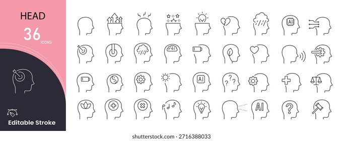 Kopfsymbole eingestellt. Enthält Symbole für den menschlichen Kopf, Denken, Gehirnaktivität, Ideen, psychische Gesundheit und psychologische Konzepte. Ideal für Bildung, Gesundheit und kreatives Bildmaterial. Bearbeitbarer Strich. .