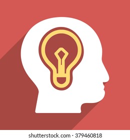 Head Idea Bulb long shadow vector icon. Style is a flat light symbol with rounded angles on a red square background.