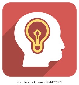 Head Idea Bulb long shadow vector icon. Style is a flat symbol on a red rounded square button.