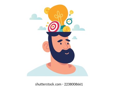 head idea light bulb creative thinking goal. brainstorming thought process. creative vector illustration. project team leader thinks out of the box to solve problems and find answers