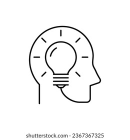 Head with idea light bulb line icon, outline vector logo illustration, linear pictogram isolated on white background. Vector illustration.