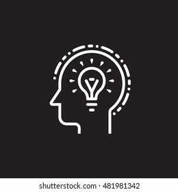 Head with idea light bulb line icon, outline vector logo illustration, linear pictogram isolated on black