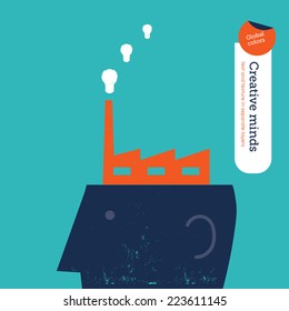 Head with ideas factory. Vector illustration Eps10 file. Global colors. Text and Texture in separate layers.