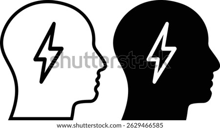 Head with ideas icon set. two black and white silhouettes of a head with a lightning bolt. illustration of idea in human head.