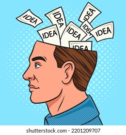 cabeza con ideas metáforas pinup de arte pop retro ilustración vectorial. La imitación al estilo de un libro de historietas.