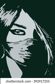 head image sketch of a girl in a gauze mask on her face