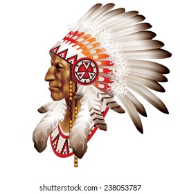 The head of an Indian chief in profile on a white background