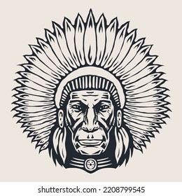 Head of an Indian chief wearing a feather headdress. Hand drawn design element, Vector illustration