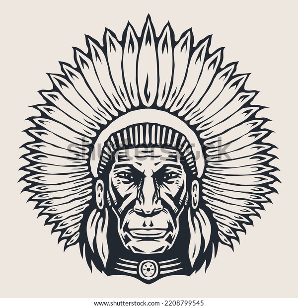 Head of an Indian chief\
wearing a feather headdress. Hand drawn design element, Vector\
illustration