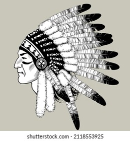 Head of an Indian in profile with a traditional headdress. Vintage engraving stylized drawing. Vector illustration