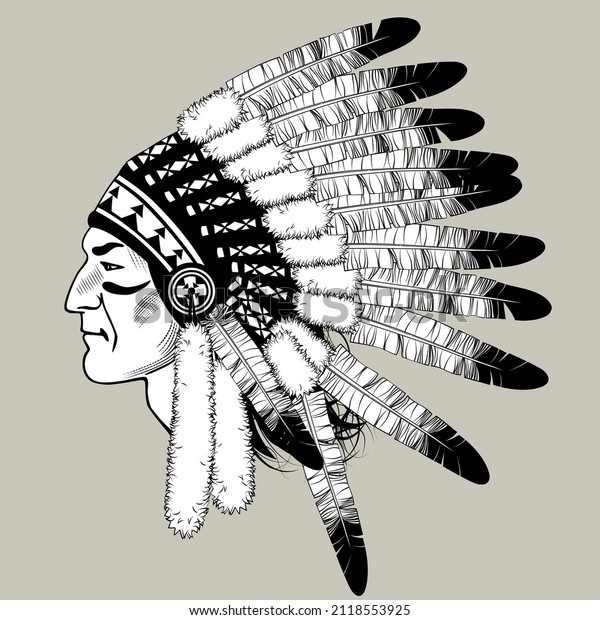 Head of\
an Indian in profile with a traditional headdress. Vintage\
engraving stylized drawing. Vector\
illustration