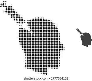 Head injection halftone dot icon illustration. Halftone pattern contains circle dots. Vector illustration of head injection icon on a white background. Flat abstraction for head injection pictogram.
