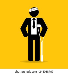 head injured cartoon businessman in bandage with crutches : be careful prevent accidents : safety health concept on yellow background vector