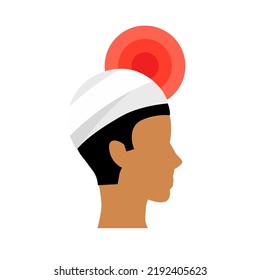 Head injury. The head is bandaged, the injury is shown in red. Clipart for website, health app, clinic, first aid. Vector flat illustration, cartoon style.