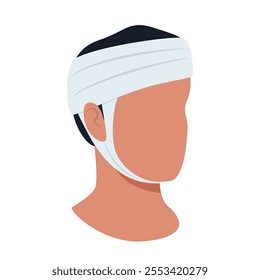 Head injury patient. Man in head accident with bandage on his head. First aid. Vector illustration