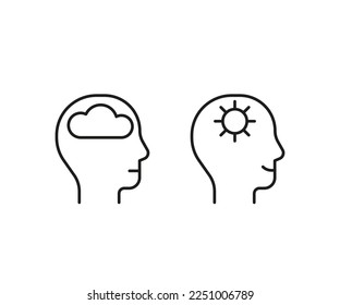 Head inside calm, positive think, line icon. Face with cloud and clear sky, sun. Control of mind, psychology. Vector illustration