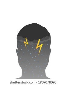 Head inside concept. Bad mood. lightning and rain instead of a brain isolated on a white background. Vector