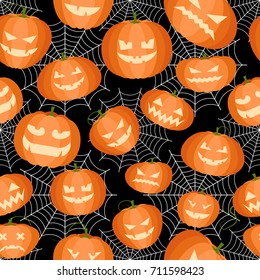 Head Jack, Jack-o-lanterns. Vector Seamless pattern. Orange pumpkin with glowing eyes and spider webs. Flat, cartoon. Good background for wrapping paper, textiles, greetings on Halloween.