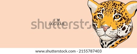 The head of a jaguar looks seriously to the side on a beige background with the text inscription I'm jaguar  . Vector illustration