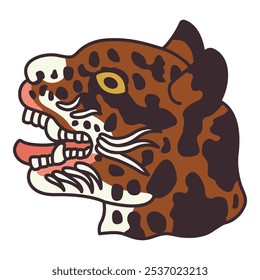 Cabeça de jaguar ou gato-jaguatirica. Retrato felino. Desenho indígena ameríndio do códex mexicano. Arte animal étnica dos índios astecas ou mixtecas. Ilustração isolada de vetor.