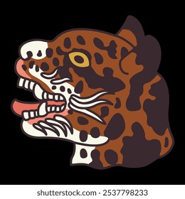 Cabeça de jaguar ou gato-jaguatirica. Retrato felino. Desenho indígena ameríndio do códex mexicano. Arte animal étnica dos índios astecas ou mixtecas. Em fundo preto.