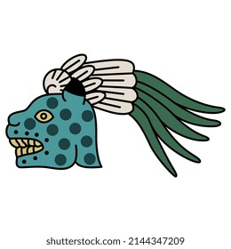 Cabeza de un jaguar con corona de plumas. Arte nativo americano de indígenas aztecos de códice mexicano. Ilustración vectorial aislada.