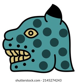 Head of a jaguar or spotted feline cat. Native American art of Aztec Indians from Mexican codex. Isolated vector illustration.