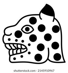 Head of a jaguar or spotted feline cat. Native American art of Aztec Indians from Mexican codex. Black and white silhouette.