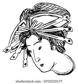 Head of Japanese woman with elaborate hairdo. Traditional style. Hand drawn linear sketch. Black silhouette on white background.