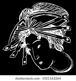 Head of Japanese woman with elaborate hairdo. Traditional style. Hand drawn linear sketch. White silhouette on black background.