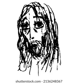 Head of Jesus Christ. Disheveled young man with long hair and a beard. Hippy guy. Hand drawn linear doodle rough sketch. Black silhouette on white background. Male portrait.