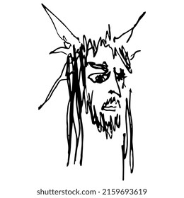 Head of Jesus Christ wearing crown of thorns. Man of sorrows. Hand drawn linear doodle rough sketch. Black ink silhouette on white background. Isolated vector illustration.