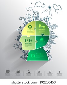 Head jigsaw banner with creative drawing environment ecology concept idea, Modern design template workflow layout, diagram, step up options, Vector illustration