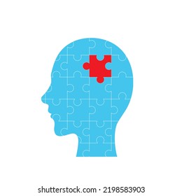 head in a jigsaw puzzle. concept of mental health thought or idea. blue badge logo for psychology or creative business
