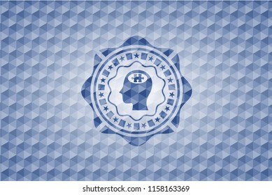 head with jigsaw puzzle piece icon inside blue badge with geometric pattern background.