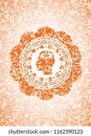 head with jigsaw puzzle piece icon inside abstract orange mosaic emblem with background
