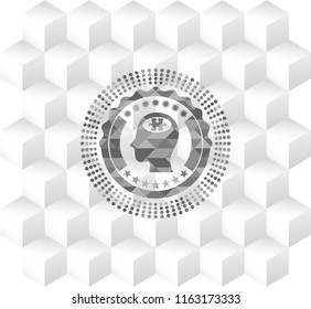 head with jigsaw puzzle piece icon inside grey emblem with cube white background