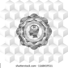 head with jigsaw puzzle piece icon inside realistic grey emblem with geometric cube white background