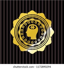 head with jigsaw puzzle piece icon inside gold emblem