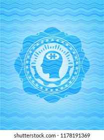 head with jigsaw puzzle piece icon inside water wave concept style emblem.