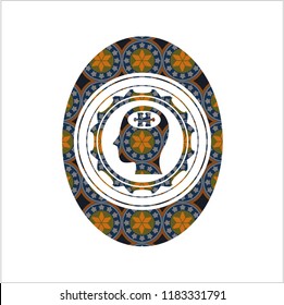 head with jigsaw puzzle piece icon inside arabic emblem background. Arabesque decoration.