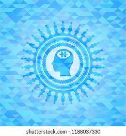 head with jigsaw puzzle piece icon inside realistic sky blue mosaic emblem