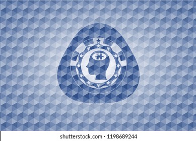 head with jigsaw puzzle piece icon inside blue polygonal emblem.
