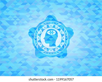 head with jigsaw puzzle piece icon inside light blue emblem with mosaic ecological style background
