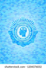 head with jigsaw puzzle piece icon inside realistic sky blue mosaic emblem