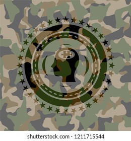 head with jigsaw puzzle piece icon on camo texture